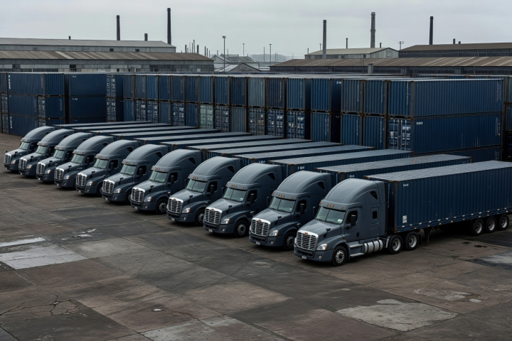 Commercial transport fleet parked in alignment at an industrial yard