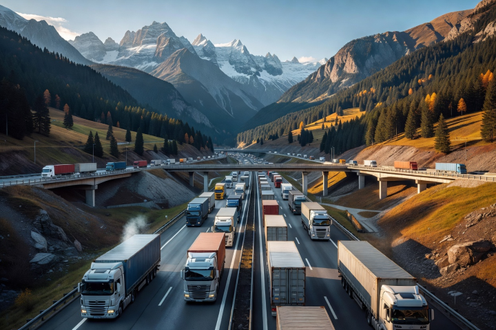 European motorway transport corridor through alpine landscape with freight trucks