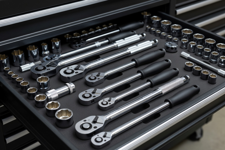 Heavy duty workshop tooling and calibrated torque instruments arranged in drawers
