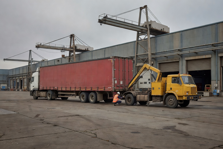 Industrial distribution facility yard with service vehicle servicing a freight lorry