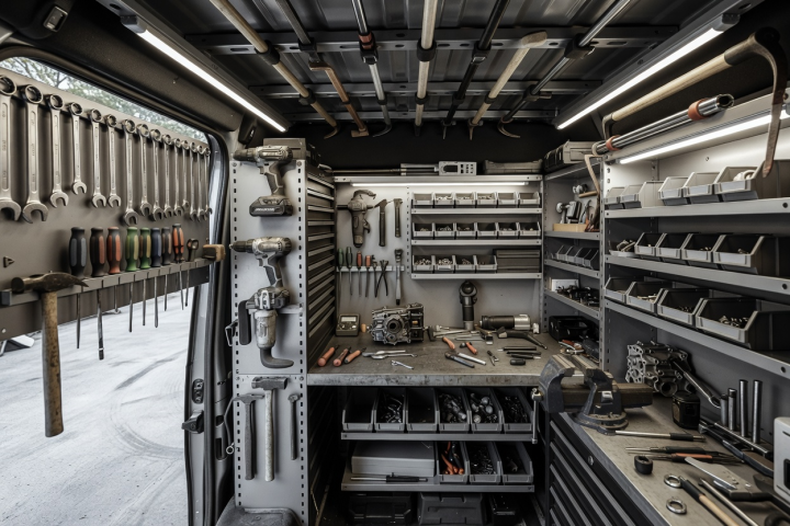 Mobile workshop van equipped with specialized tools and interior racks